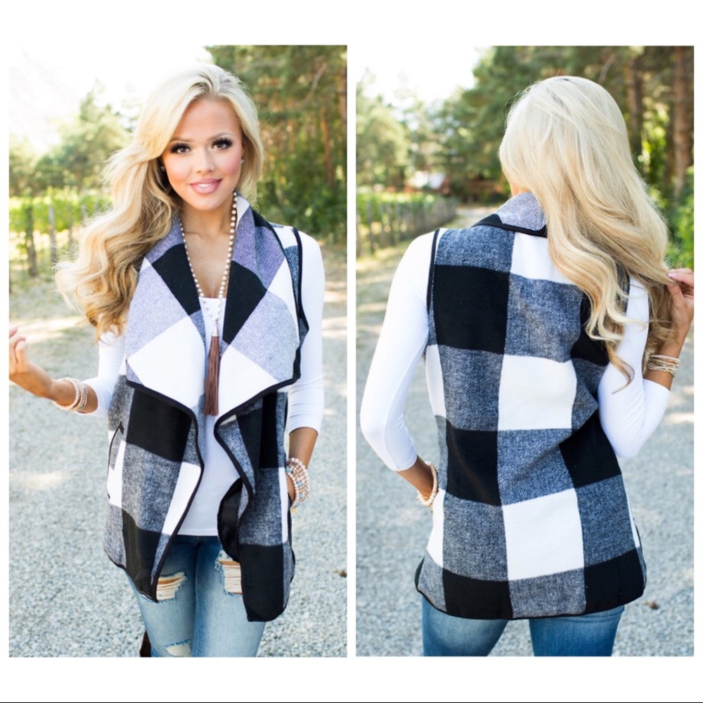 CHASITY BUFFALO PLAID OPEN FRONT VEST BLACK WHITE - Picture 2 of 3